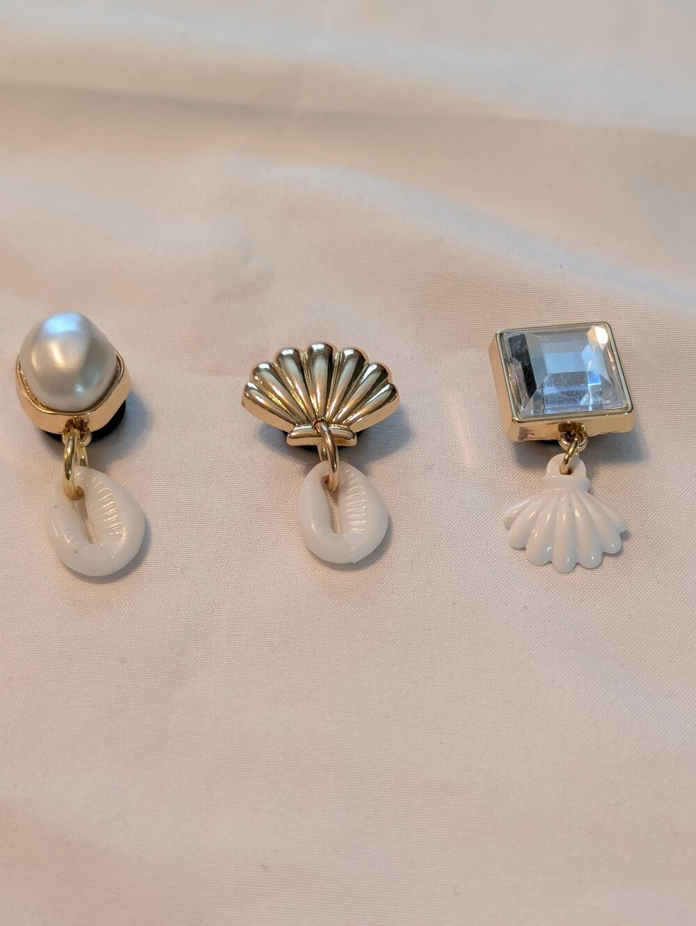 Gold and White Shell Crocs Shoe Charms. Beach Motif.